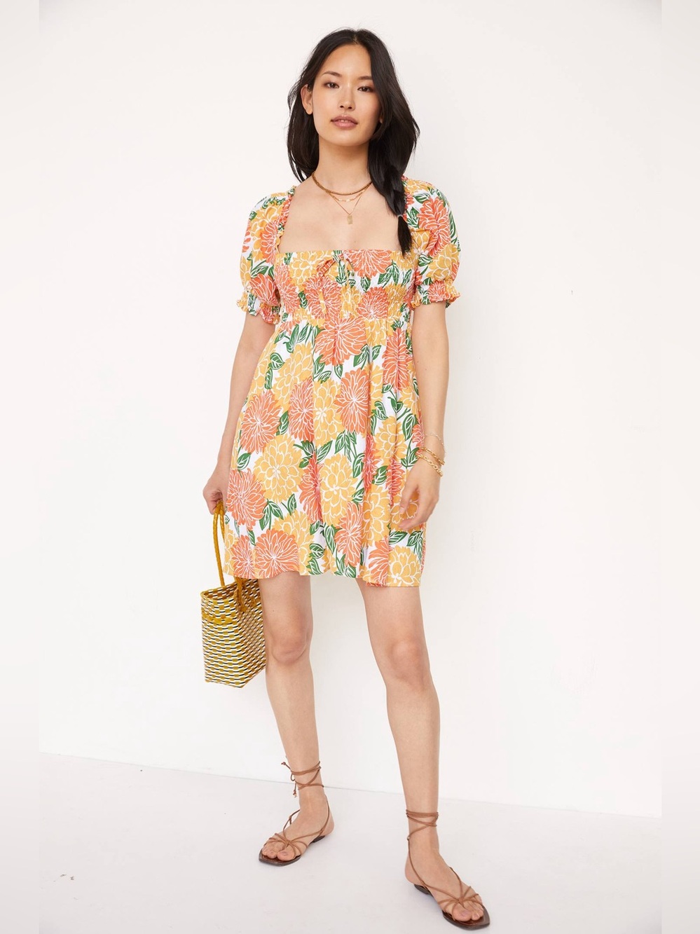 House Of Harlow Women Smocked Linen Mini Dress XS Puff Sleeve floral colorful